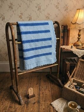 Vintage Handmade Crochet Striped Throw Blanket - 2-Tone Nautical Blue